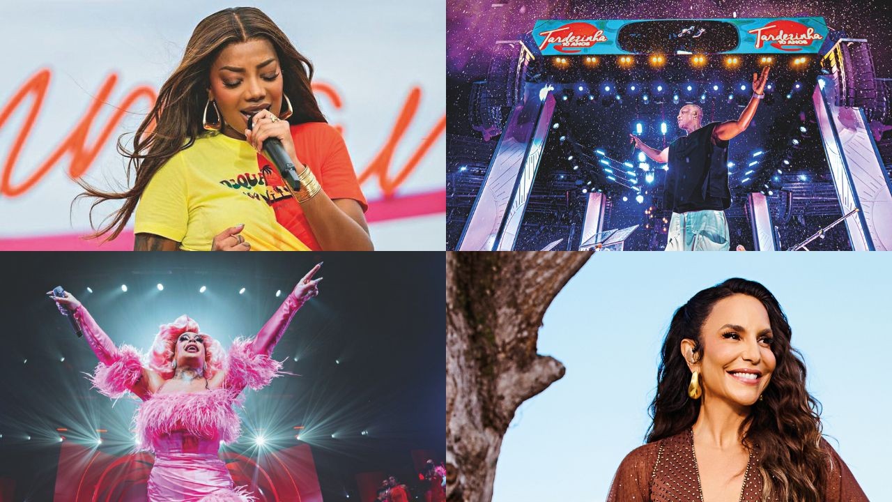 Colagem de quatro fotos: Ludmilla cantando, um homem de braços abertos num palco, Gloria Groove de rosa com braços erguidos e Ivete Sangalo sorrindo ao ar livre