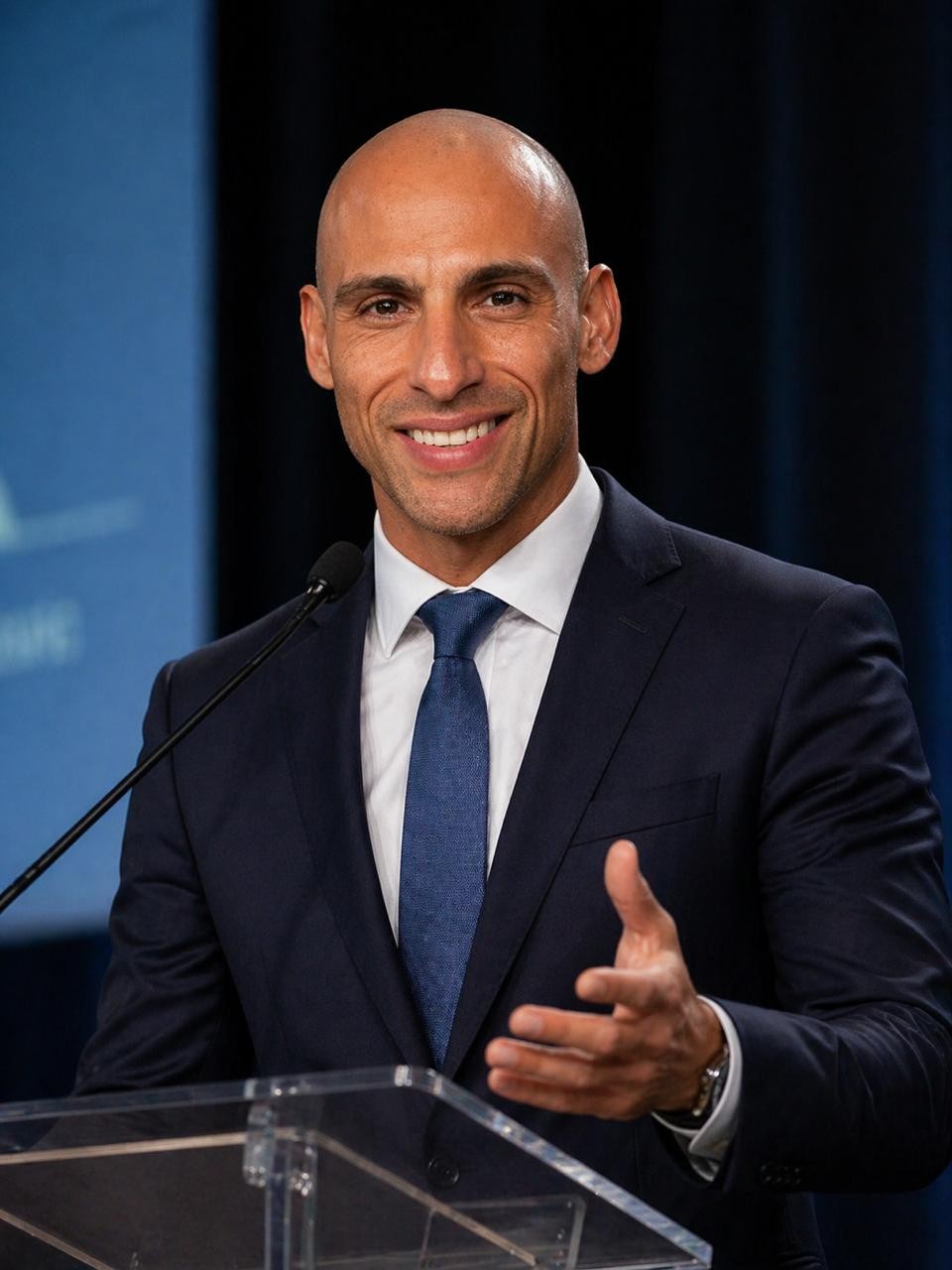 Homem careca de pele morena, vestindo terno azul-marinho, camisa branca e gravata azul, sorri enquanto gesticula com a mão direita em um púlpito transparente com microfone, em um fundo azul escuro