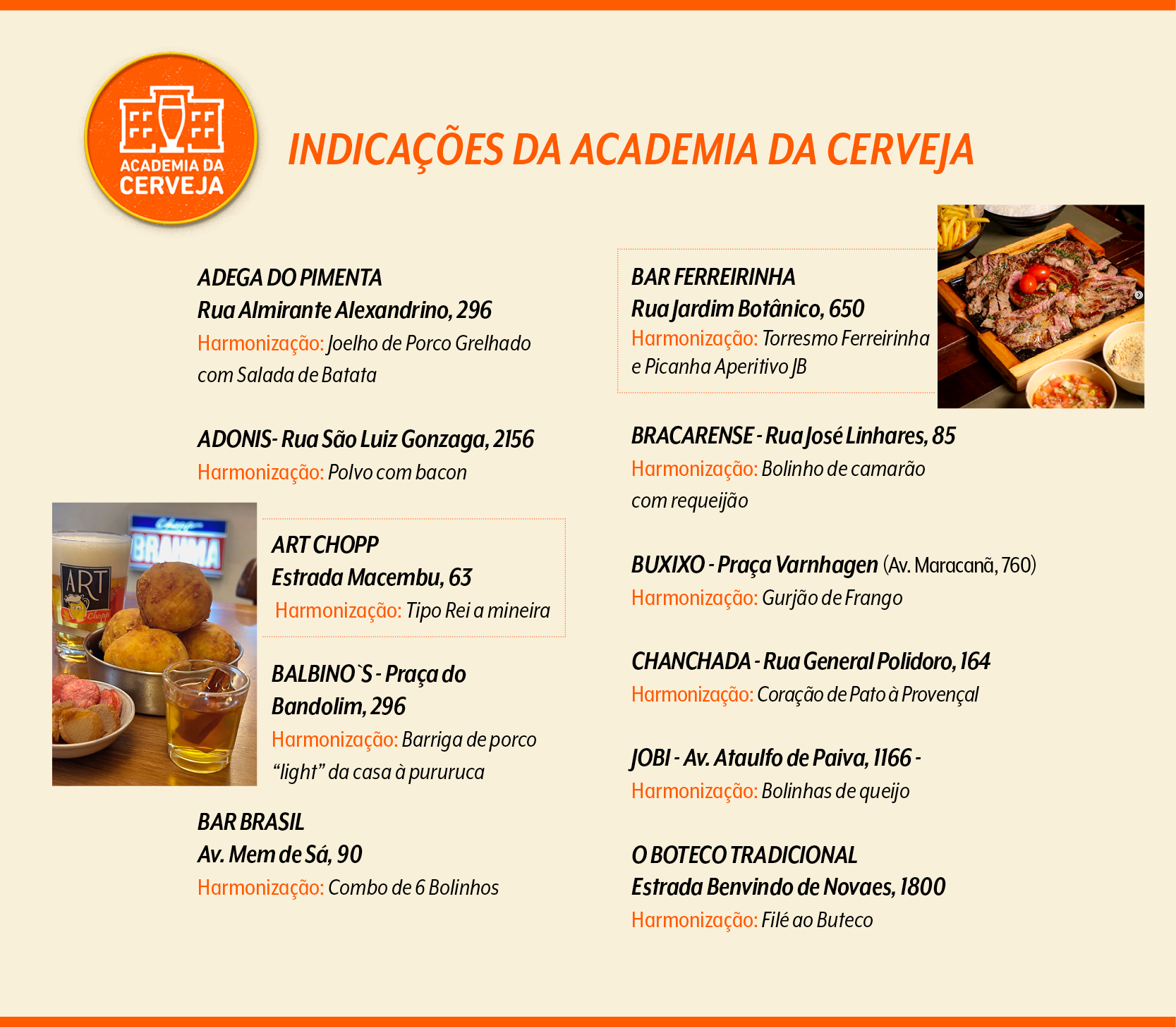 Infográfico com indicações da Academia da Cerveja, listando 10 bares com endereços e sugestões de harmonização. Duas fotos ilustram: uma de carne grelhada com acompanhamentos e outra de bolinhos e copo de bebida