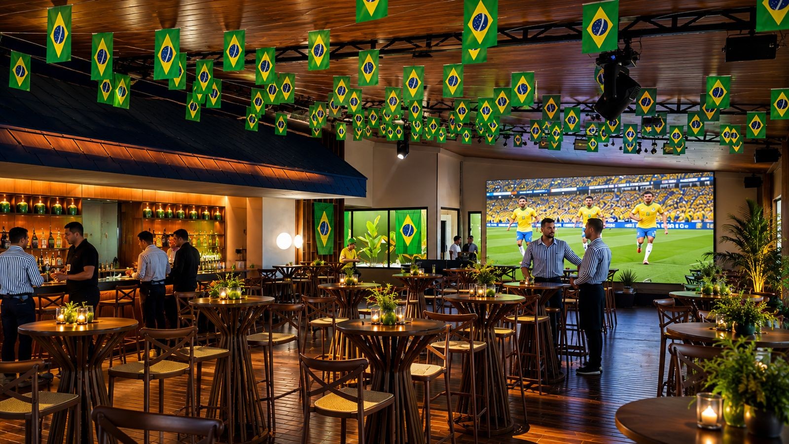 Ambiente interno decorado com bandeiras do Brasil penduradas no teto, mesas redondas de madeira com cadeiras altas e um bar iluminado ao fundo. Um telão exibe um jogo de futebol com jogadores de camisa amarela em campo verde. Pessoas conversam em pé, algumas próximas ao bar e outras em frente ao telão