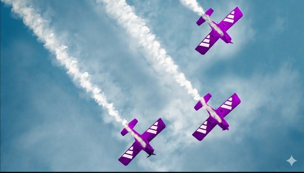 Três aviões acrobáticos roxos com listras brancas nas asas voam em formação diagonal, deixando rastros de fumaça branca no céu azul claro com nuvens esparsas