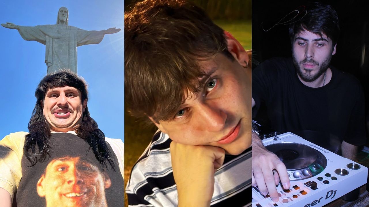 Três jovens em colagem: um homem de mullet e bigode fazendo careta com o Cristo Redentor ao fundo, um jovem de cabelo castanho e olhos azuis sorrindo, e um DJ barbudo operando uma mesa de som