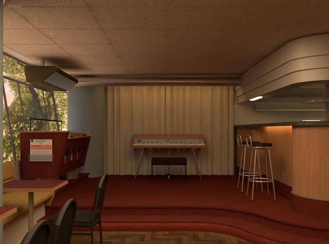 Interior de um bar ou lounge com piso de madeira e carpete vermelho em desníveis. À esquerda, uma mesa de pebolim e mesas com cadeiras. Ao centro, um piano elétrico com banco em um palco. À direita, um balcão de bar com dois bancos altos. Cortinas claras cobrem a parede ao fundo e uma janela revela árvores