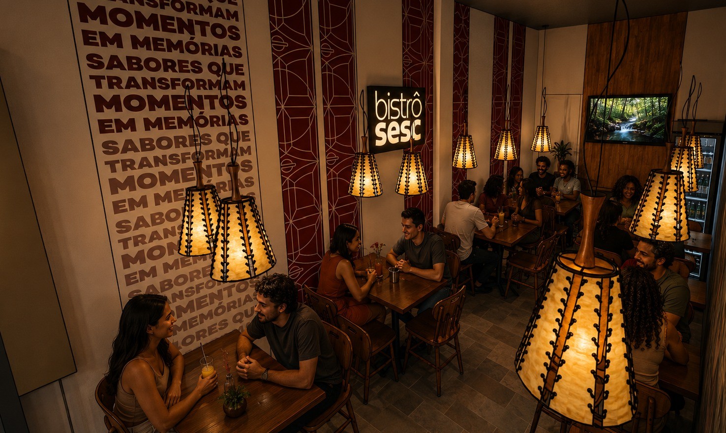 Ambiente interno de um bistrô com pessoas sentadas em mesas de madeira, iluminado por luminárias pendentes de palha e um letreiro Bistrô Sesc