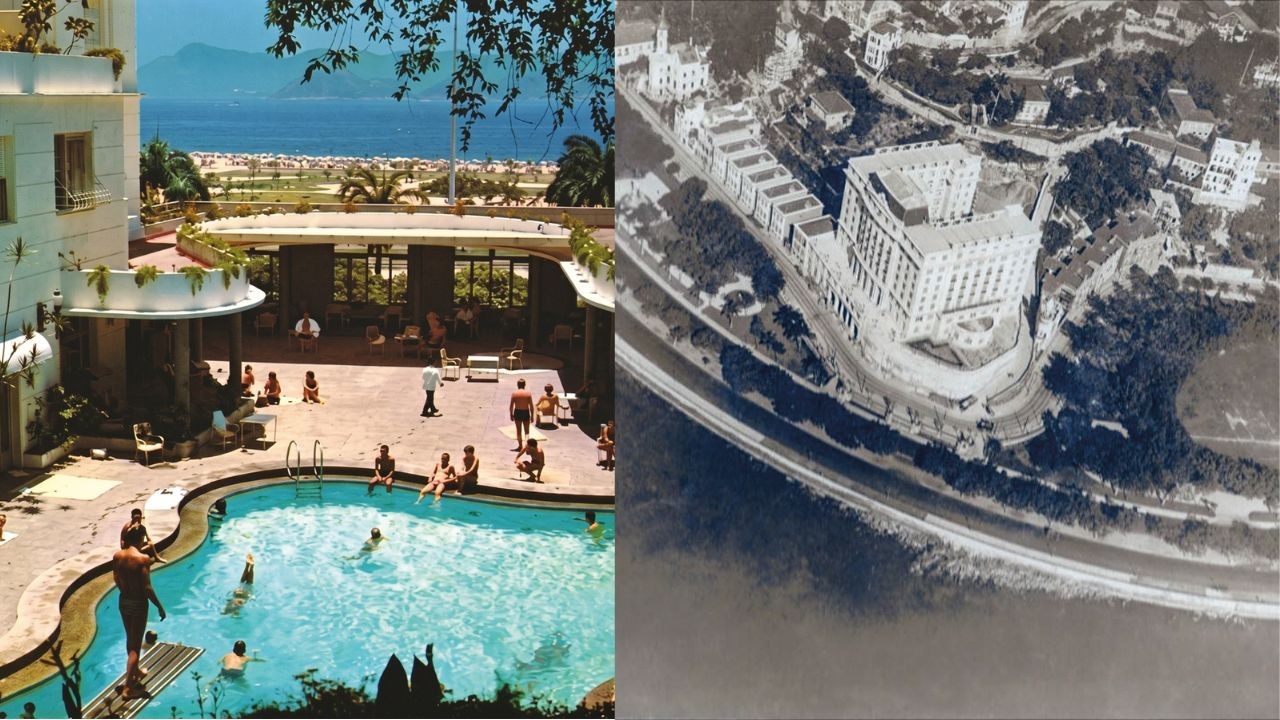 Duas fotos lado a lado. &Agrave; esquerda, colorida, pessoas em uma piscina e &aacute;rea de lazer de um hotel, com vista para o mar e praia. &Agrave; direita, em preto e branco, vista a&eacute;rea de um grande edif&iacute;cio em forma de U, com uma estrada costeira e o mar ao fundo