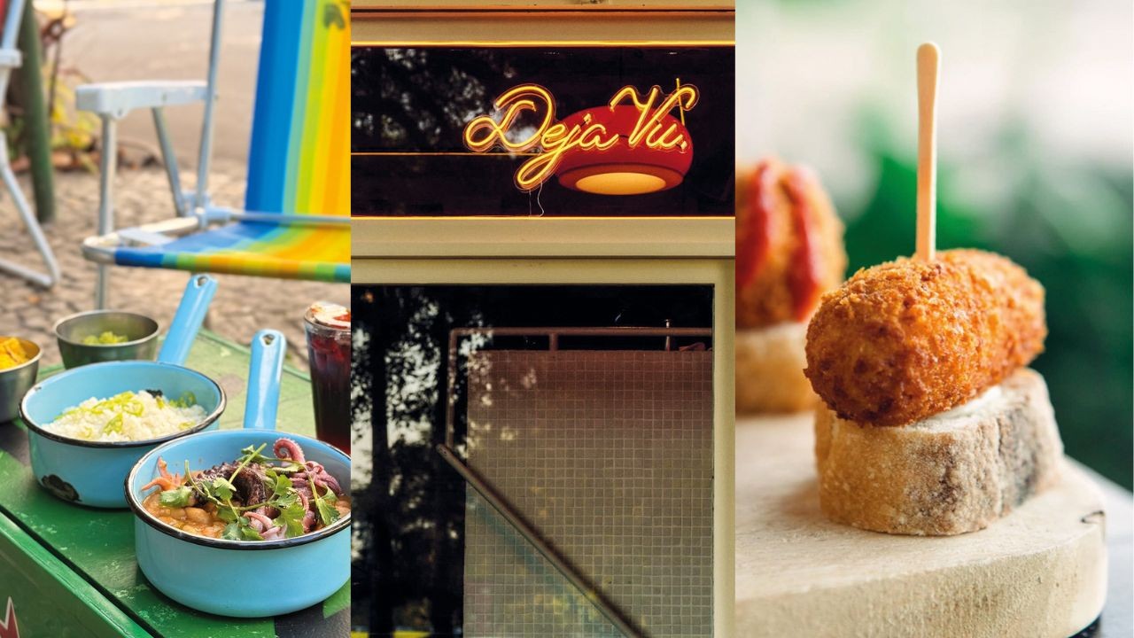 Tr&ecirc;s imagens lado a lado: &agrave; esquerda, duas panelas azuis com comida em uma mesa verde, uma cadeira de praia colorida ao fundo. No centro, uma placa de neon vermelha com Deja Vu em letras cursivas. &Agrave; direita, um croquete frito espetado em um palito, sobre uma fatia de p&atilde;o