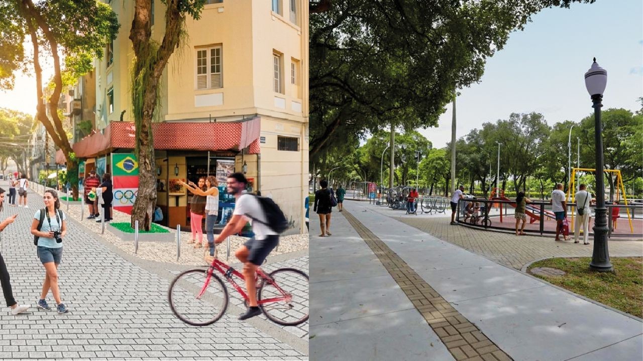 Duas cenas urbanas: &agrave; esquerda, rua de paralelep&iacute;pedos com pessoas caminhando e um homem de bicicleta, ao lado de um pr&eacute;dio com bandeira do Brasil e an&eacute;is ol&iacute;mpicos. &Agrave; direita, parque com &aacute;rvores, pista de caminhada e &aacute;rea de lazer com brinquedos, pessoas passeando e um poste de luz.