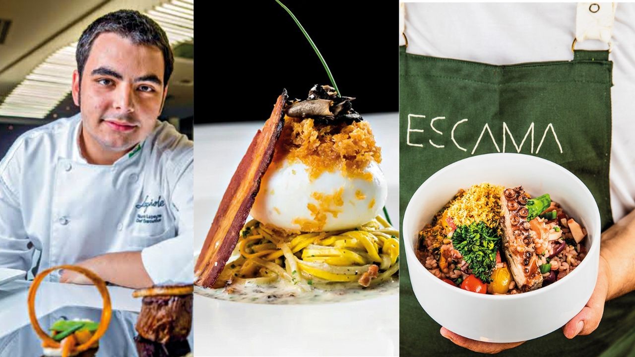 Colagem de tr&ecirc;s imagens: um chef sorrindo em uniforme branco, um prato gourmet com ovo poch&eacute;, bacon e massa, e uma pessoa segurando uma tigela de poke com frango e vegetais