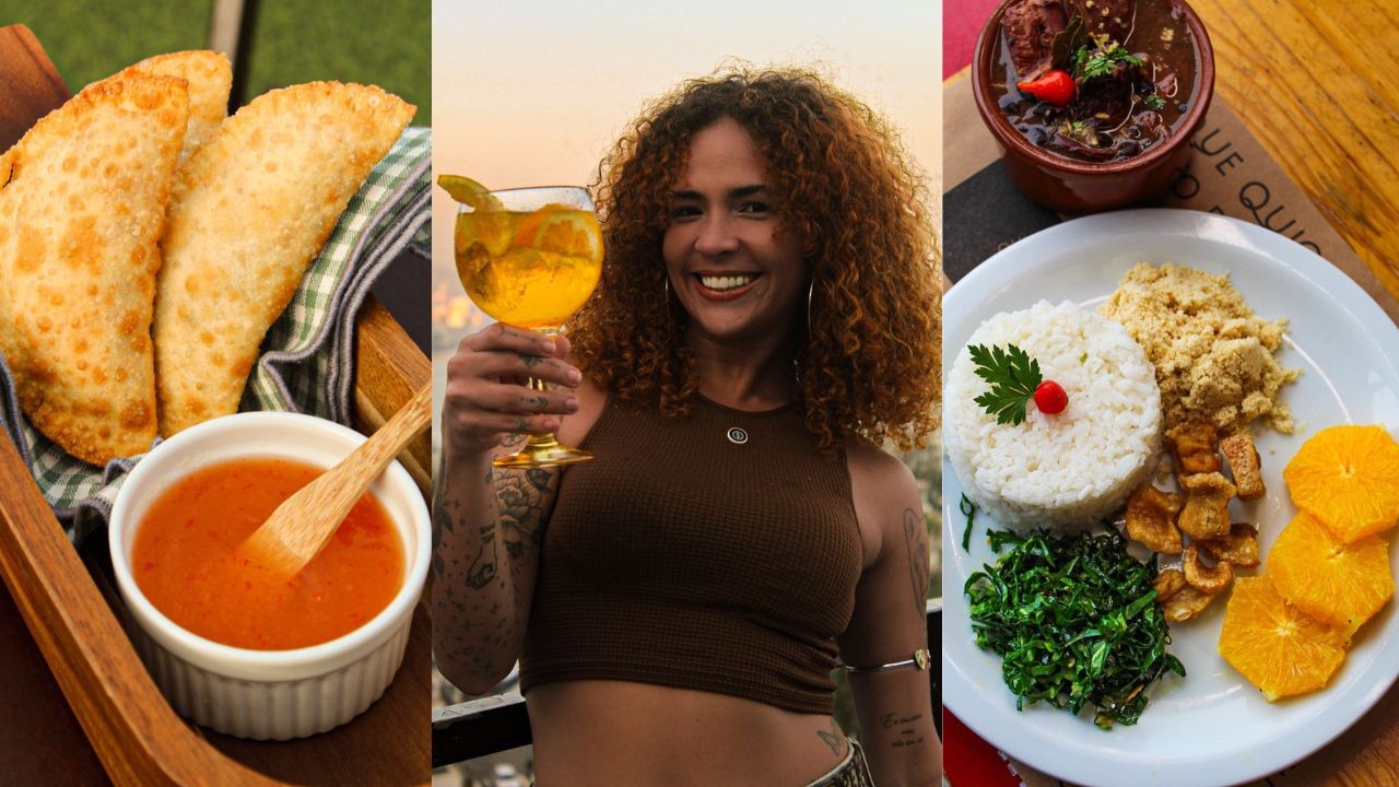 Colagem de três imagens: pastéis com molho, mulher sorrindo com bebida e prato de feijoada com arroz, couve, farofa e laranja