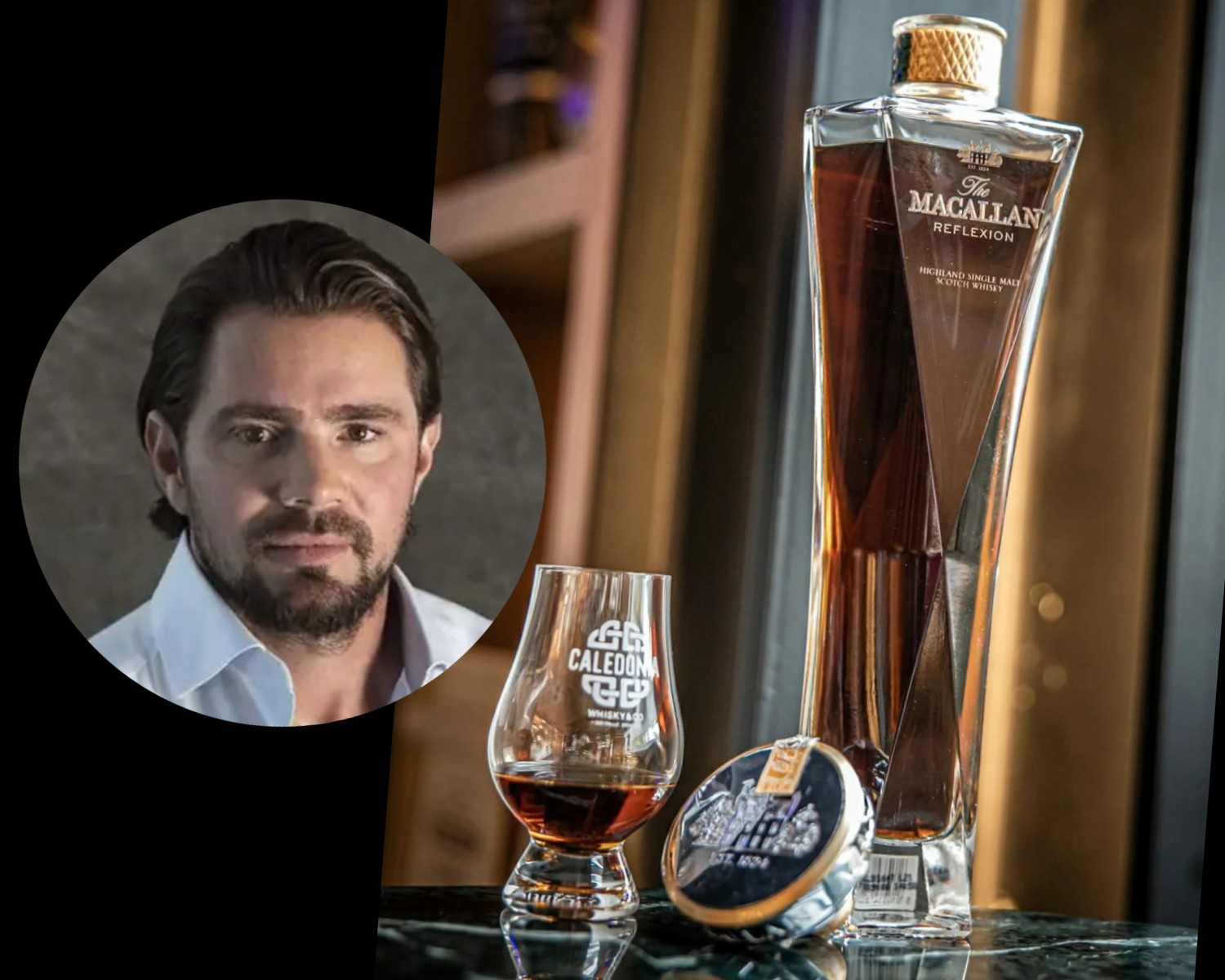 Homem de barba e cabelo escuro em círculo, olhando para frente, ao lado de uma garrafa de uísque The Macallan Reflexion, um copo com uísque e uma tampa de garrafa