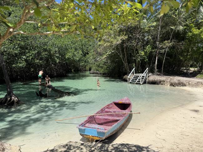Pessoas em um rio de águas claras e rasas, cercado por densa vegetação. Um homem e uma mulher estão sobre um tronco submerso, e outra mulher nada ao fundo. Uma canoa vermelha e azul com um remo está na areia clara à direita, e uma escada de madeira branca desce para a água. O céu azul é visível entre as folhas das árvores