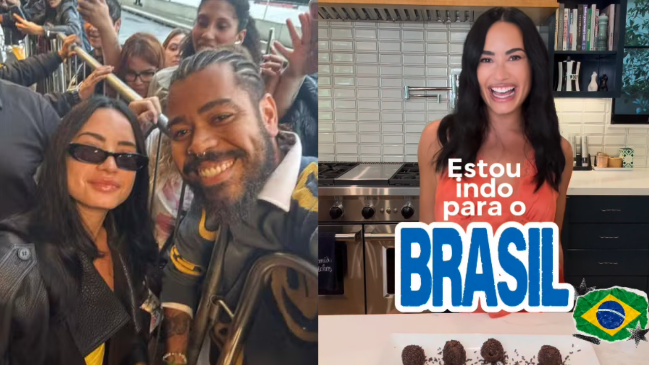 Ela chegou! Demi Lovato posa com fãs no aeroporto e faz até brigadeiro