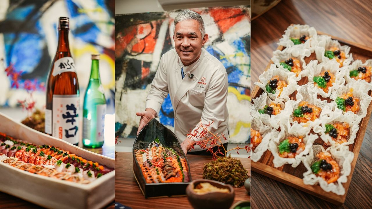 Três imagens lado a lado: à esquerda, garrafas de saquê e um barco de sushi; ao centro, um chef japonês sorridente em frente a uma pintura abstrata, segurando um barco de sushi; à direita, mini porções de salmão com ovas em cestinhas crocantes