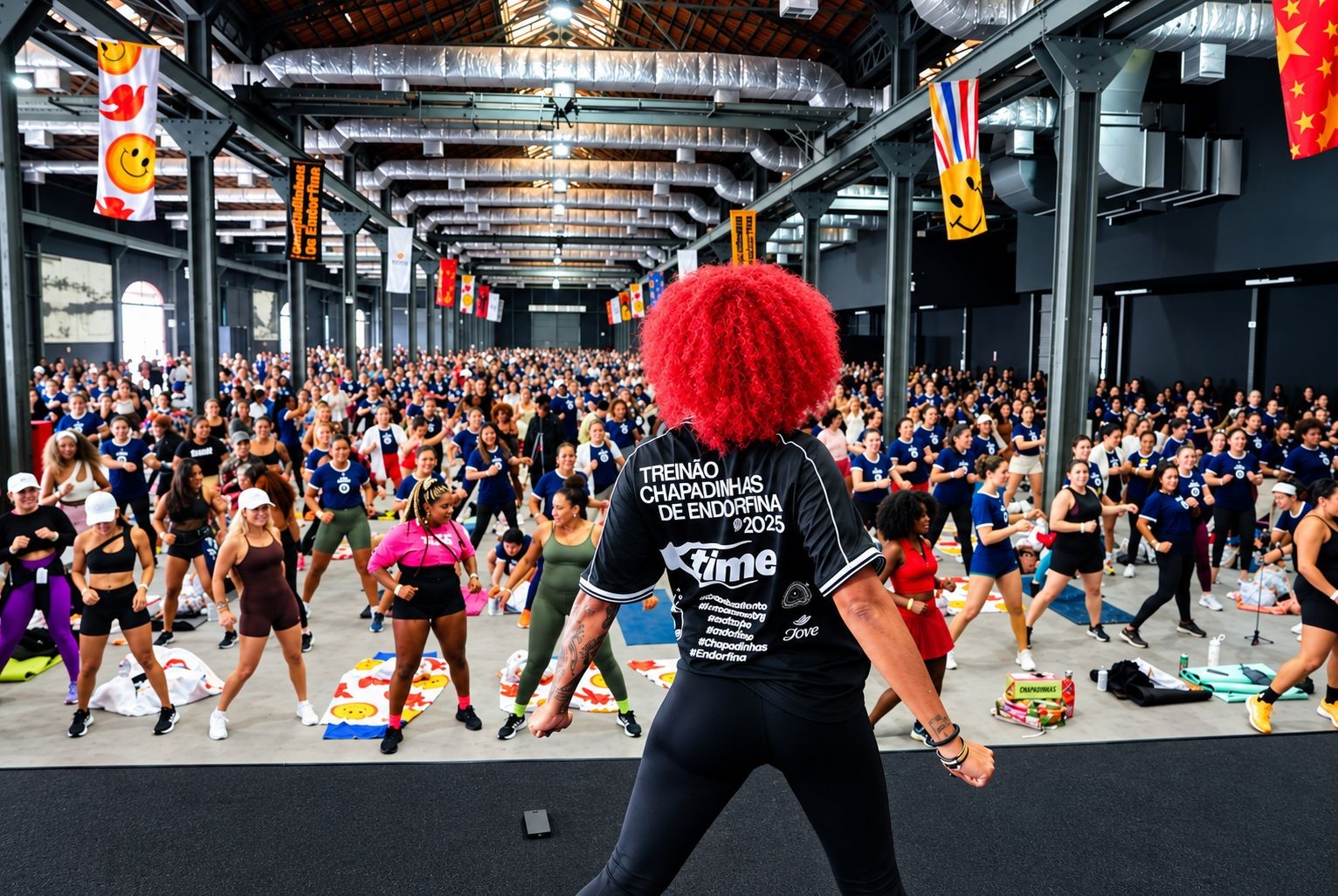 Uma mulher com cabelo afro vermelho vibrante, de costas, lidera um grande grupo de pessoas em um treino funcional dentro de um galpão industrial. Ela veste uma camiseta preta com a inscrição TREINÃO CHAPADINHAS DE ENDORFINA #2025 e calça legging preta. O grupo, majoritariamente feminino, está em diversas posições de exercício, com algumas pessoas usando roupas esportivas coloridas. O ambiente tem pilares de metal e faixas decorativas penduradas no teto