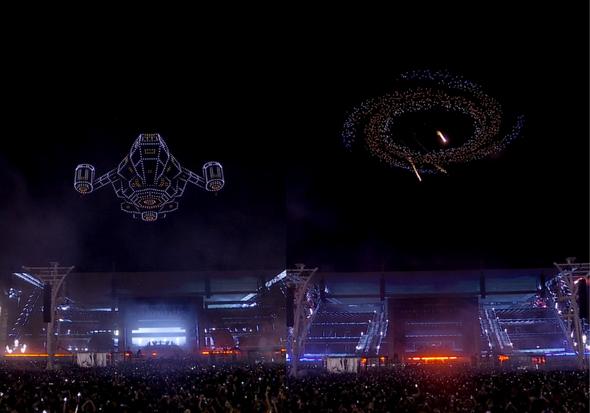 Show noturno com drones formando uma nave espacial à esquerda e uma galáxia espiral à direita, sobre um palco iluminado e uma multidão em um festival