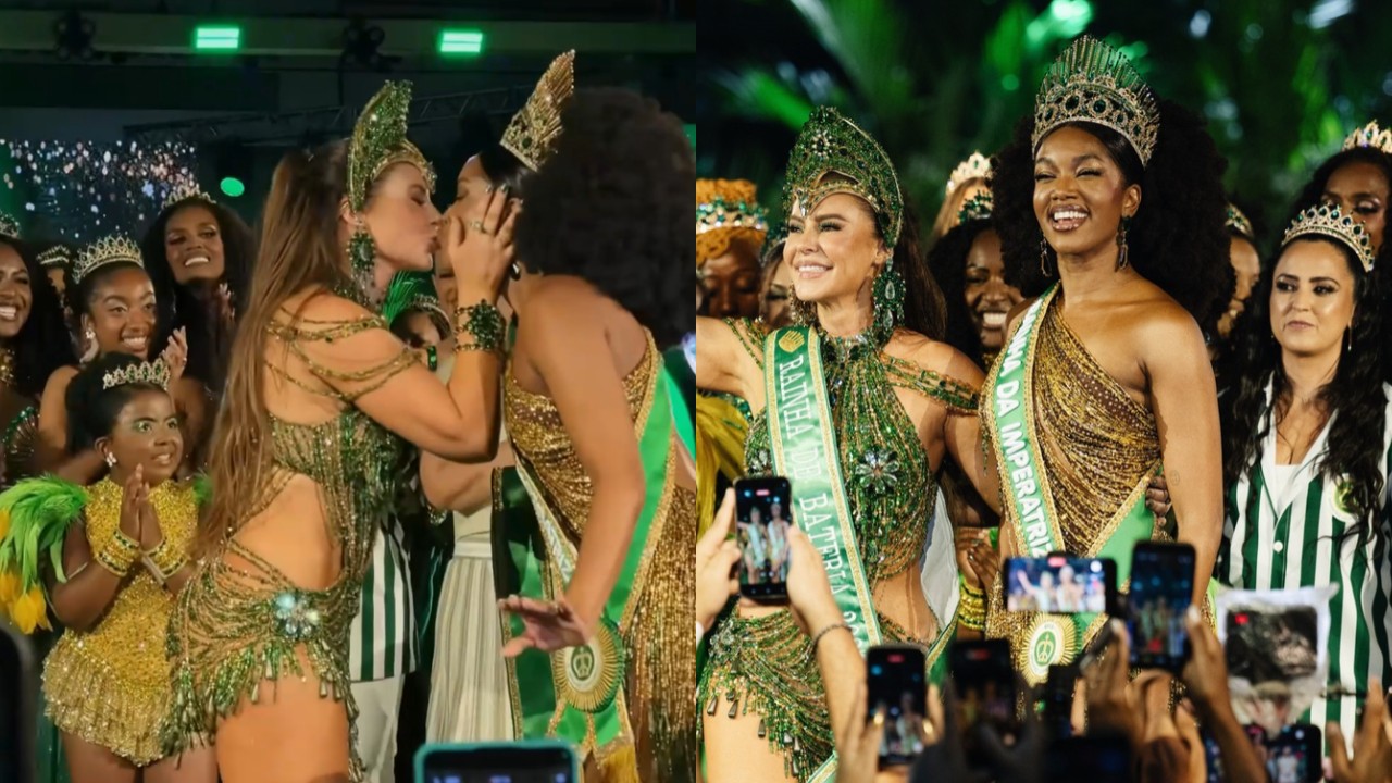 Paolla Oliveira dá selinho em Iza ao receber faixa de rainha da Imperatriz