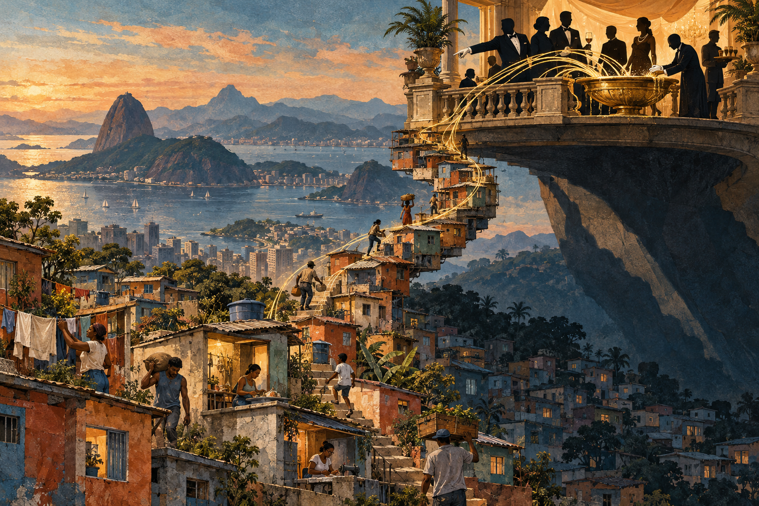 Pintura de uma favela no Rio de Janeiro ao pôr do sol, com o Pão de Açúcar ao fundo. Pessoas carregam baldes e sacos por escadas que levam a um balcão luxuoso onde pessoas ricas bebem e um homem aponta para baixo, como se ordenasse. Fios dourados conectam o balcão às casas, simbolizando a exploração.