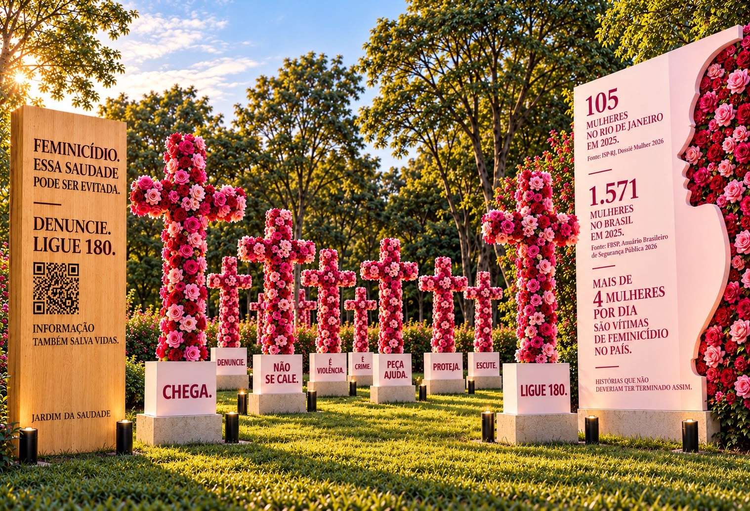 Exposição ao ar livre com cruzes de flores rosa e vermelhas em um gramado verde, simbolizando vítimas de feminicídio. À esquerda, um painel de madeira com a frase FEMINICÍDIO. ESSA SAUDADE PODE SER EVITADA. DENUNCIE. LIGUE 180. e um QR Code. À direita, um painel branco com a silhueta de um rosto feminino coberto por flores, exibindo estatísticas sobre feminicídio no Brasil. O sol brilha ao fundo, entre árvores.